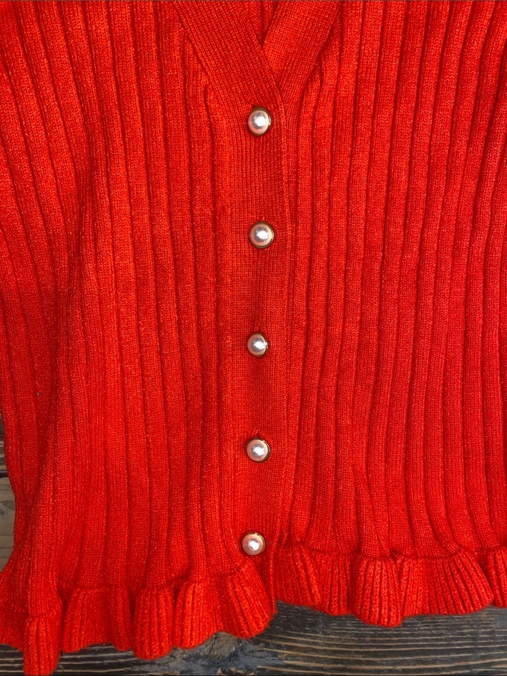 Laundry By Shelli Segal Bright Red Ribbed Ruffle-Trim Cardigan - Picture 3 of 4